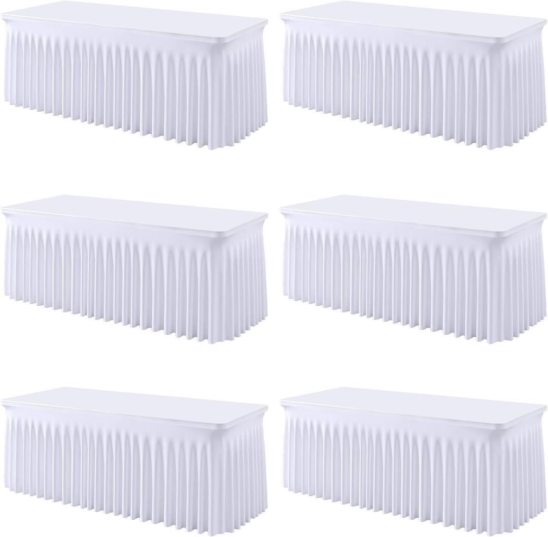 6 Pack White Spandex Fitted Tablecloth 6 Foot - Stretch Table Clothes for 6 FT Rectangle Table, Washable Ruffles Elastic for Weddings, Buffet, Banquet, Trade Craft Show, Party Celebration
