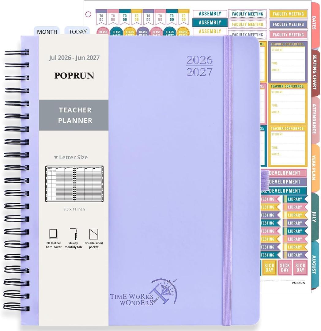 POPRUN Teacher Lesson Planner 2026-2027, (Size-8.5'' x 11'') with Gradebook | Academic Planner July 2026 - June 2027 with Color Monthly Tabs, Thick Paper, 2-Sided Pocket, Leather Cover - Lilac