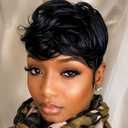 MOONSHOW Short Human Hair Wigs for Black Women Pixie Cut Wig Human Hair Black Short Curly Wigs Human Hair Wigs with Bangs Pixie Cut Wigs for Black Women Black Curly Wig
