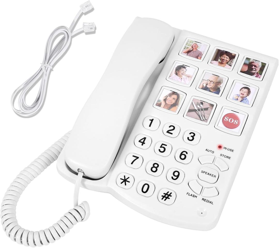 Corded Landline Phones for Seniors - Memory Phone for Dementia/Alzheimers, 9 Big Picture Buttons & One-Click Dialing - Hands-Free Calling, 110dB Loud Ringer - for Visual Hearing & Memory Impairments