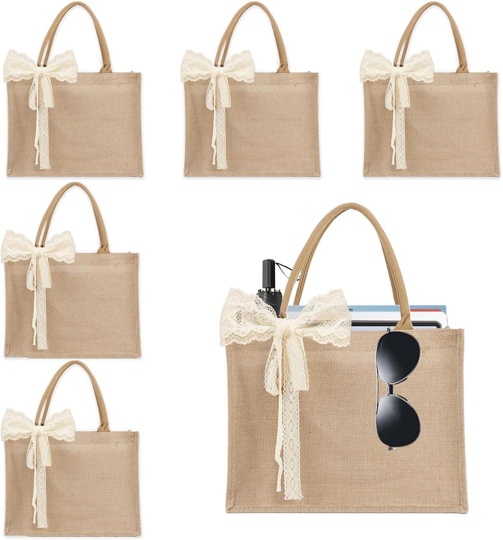 6pcs Burlap Tote Bag Set with Handles, Waterproof Reusable Blank Grocery Bags with Ribbon Large Jute Tote 15.35 * 6 * 12 Inch for Women Bridesmaid Gift Beach Pool Shopping Wedding Travel DIY