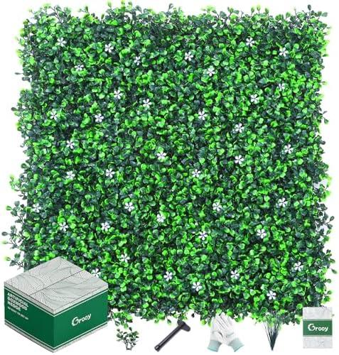 Grooy 16PCS Grass Wall Panel with Flowers, 20x20inch Artificial Boxwood Panels, Grass Backdrop Wall, Privacy Hedge Screen, UV Protected Greenery Wall for Outdoor Garden and Indoor Home Wedding