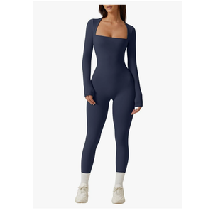 QINSEN Womens Sexy Square Neck Long Sleeve Full Length Leggings Bodycon Stretch Jumpsuit, Size S