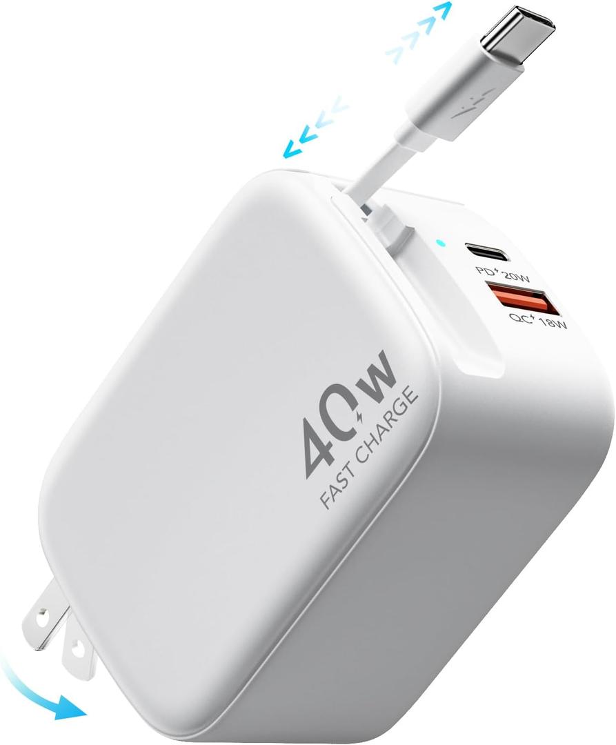 Retractable Wall Charger,40W PD Fast USB C Charger Block with Retractable Type-C Cable,Portable Fast Charging Adapter with Foldable Plug for iPhone 16/15,iPad Pro 13,12.9,11 inch,Galaxy,Pixel