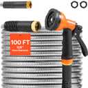 VEVOR Garden Hose Metal 100FT – Heavy Duty Stainless Steel Water Hose, Flexible, No Kink & Tangle, Puncture Resistant & Rust Proof, Lightweight w/ 10Function Spray Nozzle for Yard, Outdoor, Gardening