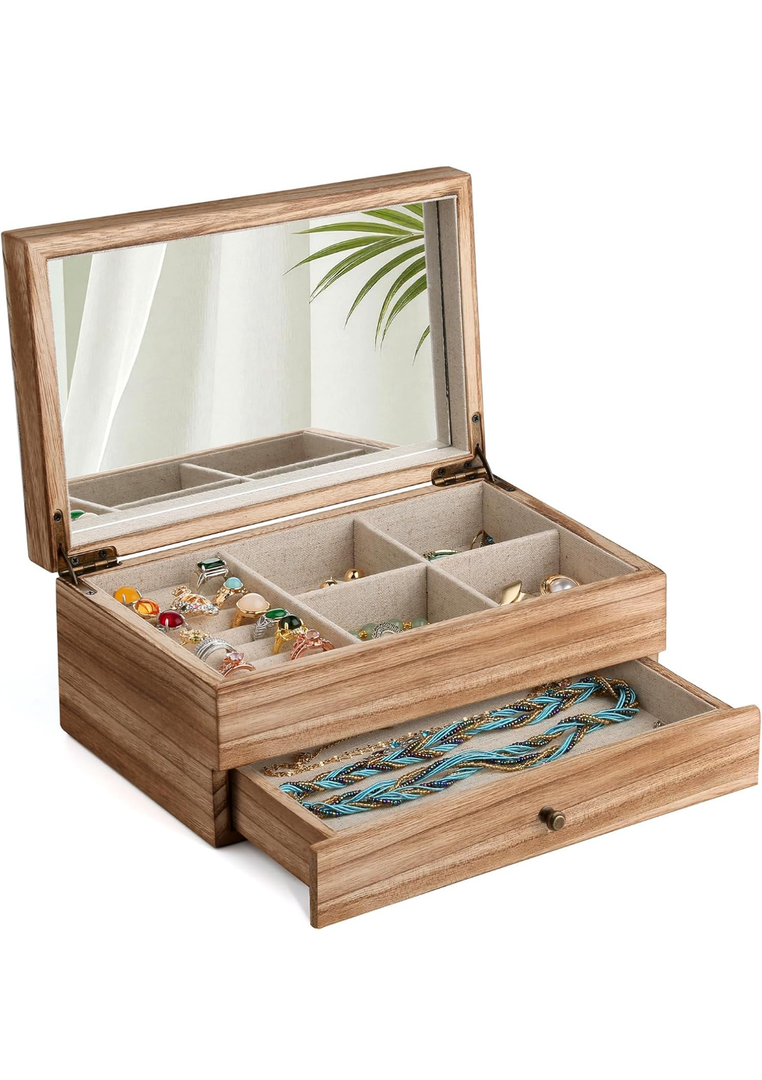 Meangood Jewelry Box Organizer for Women, 2 Layer Large Jewelry Storage Case, Rustic Wooden Jewelry Box with Mirror & Ring Tray for Necklace Earring Bracelets Rings, Vintage Style (Torched Wood)
