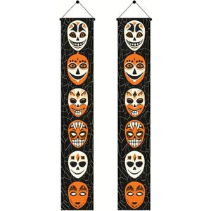Halloween Door Banner 12x71 Inch Porch Hanging Front Door Indoor Outdoor Spooky Decorations Stacked Masks Spider Web Vertical Banner