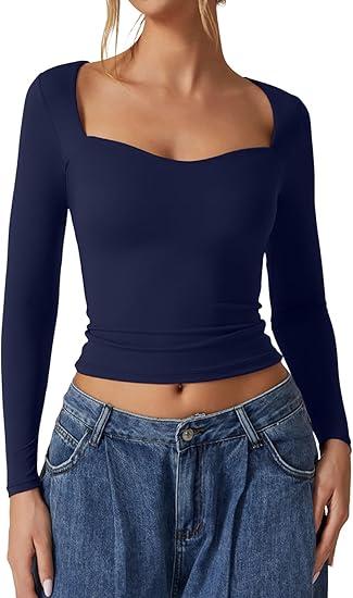 QINSEN Womens Slimming Fit Sweetheart Neck Long Sleeve Basic Crop Tops Stretch Going Out Tee Shirt Navy M