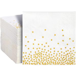 Juvale White & Gold Polka Dot Paper Cocktail & Beverage Napkins - 5 x 5 In, 100-Pack, 3-Ply Disposable - Wedding Cocktail Napkins for Bridal Showers & Anniversary Parties