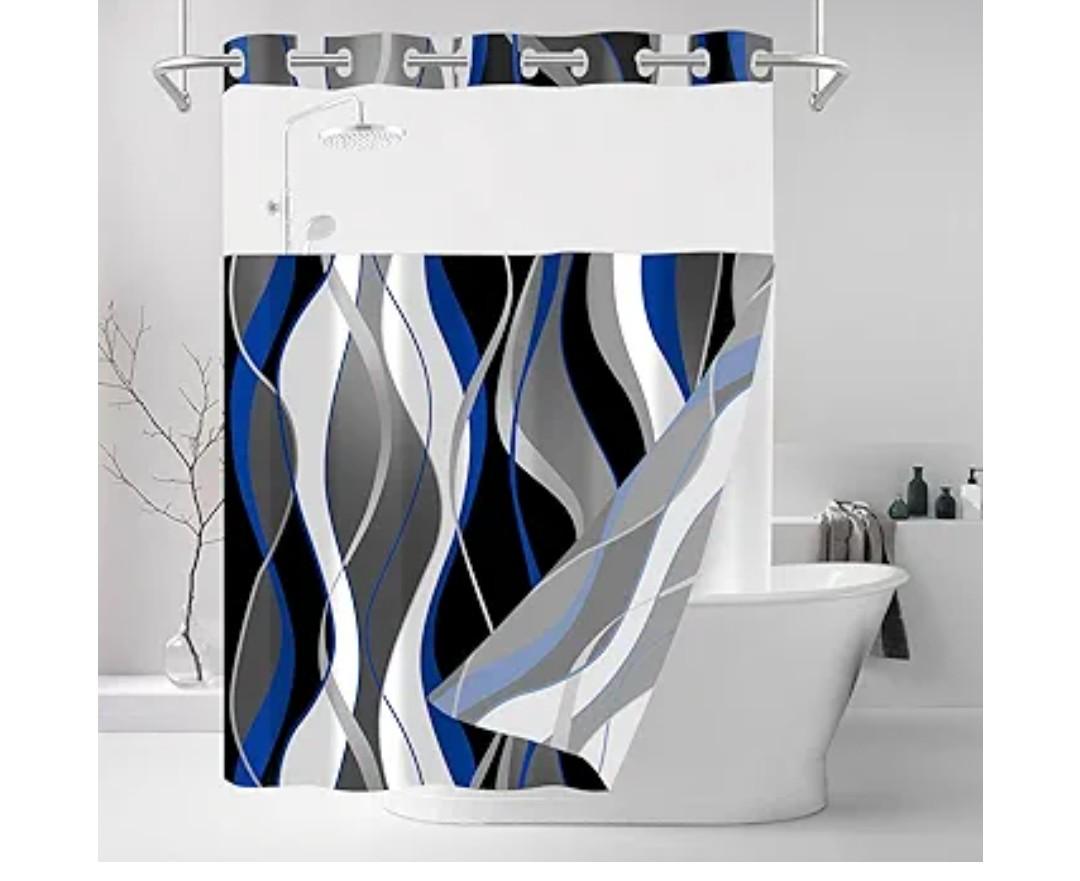 Nkzply No Hook Shower Curtain and Liner Set Blue Striped Shower Curtain with Snap in Liner Fabric Modern Black Grey Bathroom Set See Through Top Window Washable 71x74 Inch