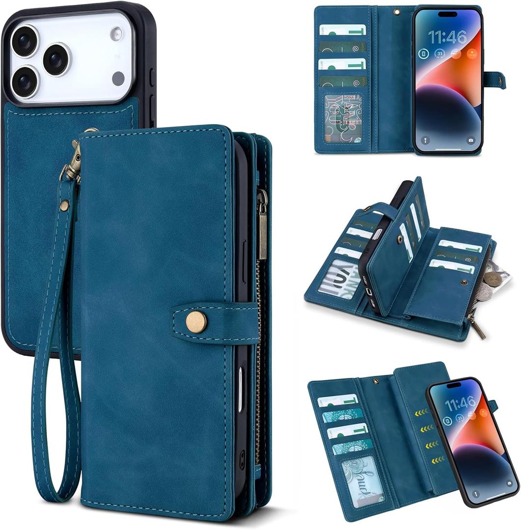 TwoHead Wallet Case Compatible with iPhone 17 Pro Max,Detachable,Magnetic,11 Cards Holder,PU Leather All-Round Protective Phone Case with Change Pocket(6.9 in,Navy Blue)