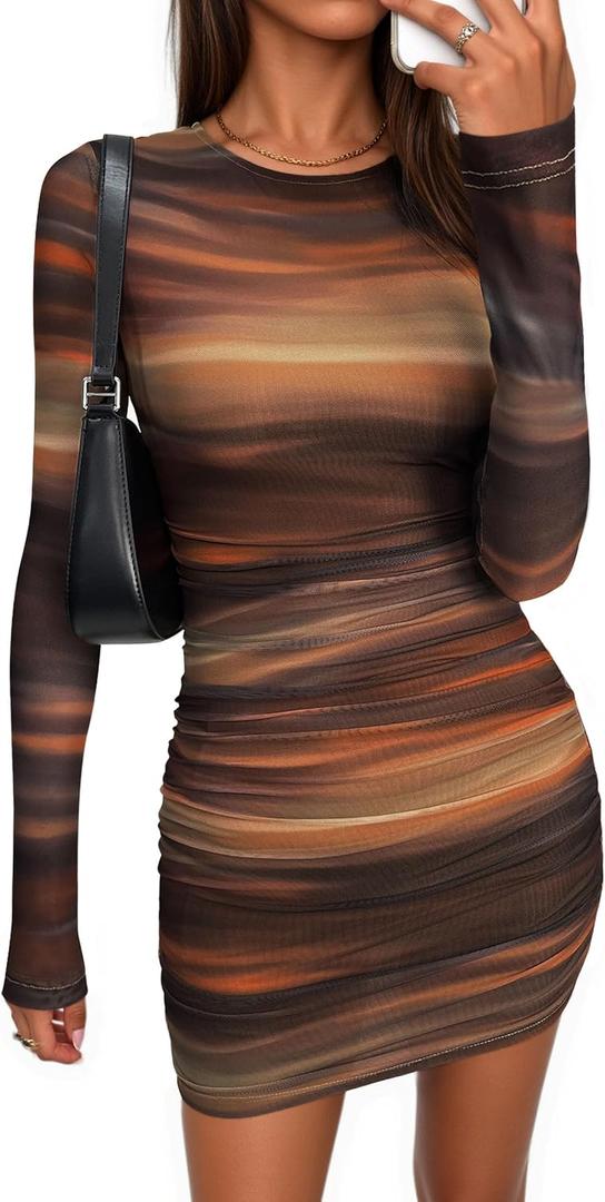 PRETTYGARDEN Women Long Sleeve Mini Fall Dress 2025 Tie Dye Print Bodycon Cocktail Party Club Outfits Homecoming Dresses (Medium, Brown)