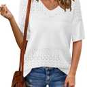 Zeagoo Womens Summer Sweater Casual Short Sleeve Pullover Tops V Neck Lightweight Shirts Ribbed Knit Dressy Blouse (Medium, White)