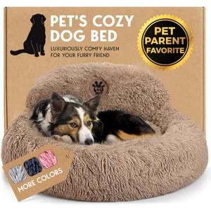 PetJett Calming Medium Dog Bed - 30'' Round Dog Beds - Washable Dog Bed - Anti-Slip Super Soft Fluffy Plush Donut Bed, Anti-Anxiety Premium Comfort Pet Bed, Fits Dogs up to 45 lbs - Beige