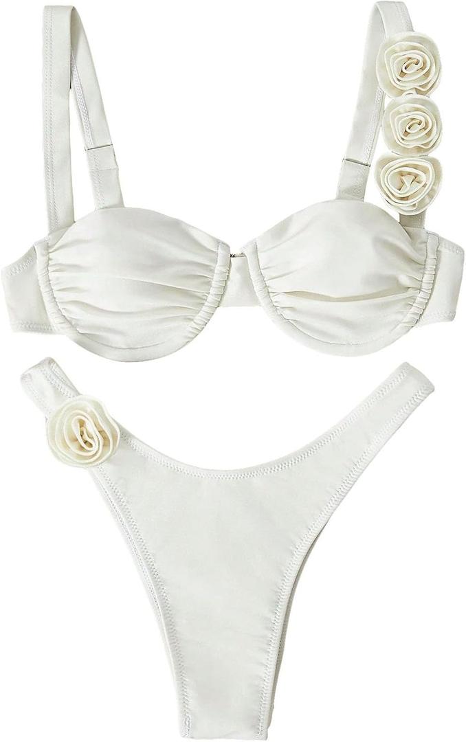 OYOANGLE Women's 2 Piece Swimsuits 3D Floral Appliques Sleeveless Underwire Low Rise High Cut Bikini Sets (Large)