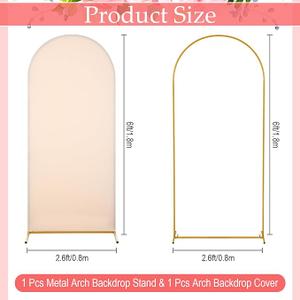 Gisafai 2 Pcs Wedding Arch Frame Stand and Arch Backdrop Cover 6ft/ 6.6ft/ 7.2FT Metal Arch Backdrop Stand with Spandex Arch Cover for Wedding Birthday Party(Gold Stand, Beige Cover, 7.2 Ft)