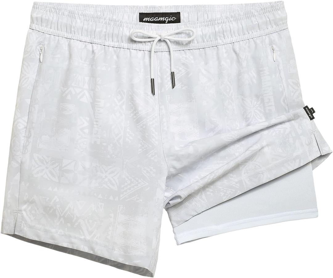 maamgic Mens Swim Trunks with Compression Liner 5" Stretch Beach Shorts Quick Dry with Zipper Pockets No-Chafing Board Shorts (X-Large, Frost Marks)