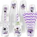 50 Pack Graduation Plastic Cups with Lids Straws 12 oz Purple Disposable Class of 2026 Decorations Graduation Party Favor Drinking Beverage Cup for Party Supplies Decorations