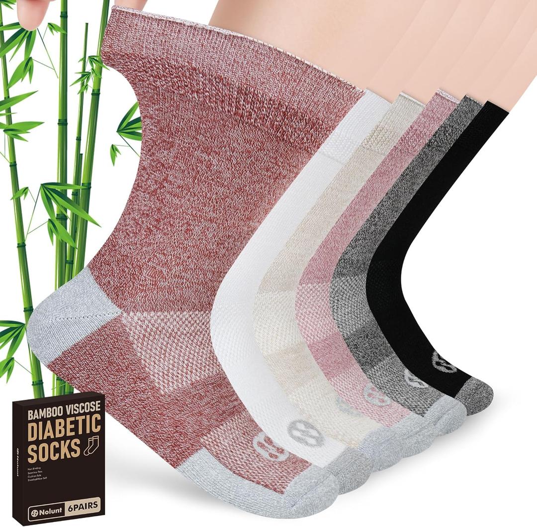 Diabetic Socks for Men,6 Pairs Crew Mens Diabetic Neuropathy Socks 9-12 (Medium, Light Brown/White/Beige/Dark Brown/Dark Grey/Black)