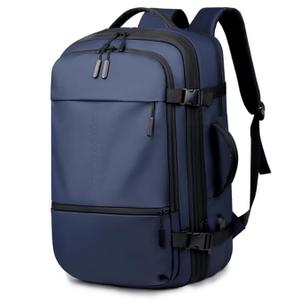 The Purple Tree PebblePac 40L Travel Laptop Backpack for Men & Women, Expandable Waterproof Cabin Bag with USB Charging Port, 15.6 Inch Laptop Sleeve, Carry-On Business Backpack for Travel (Blue)