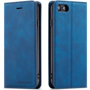 QLTYPRI Case for iPhone SE 2022 5G/SE 2020/8/7, Premium PU Leather Cover TPU Bumper with Card Holder Kickstand Magnetic Adsorption Flip Wallet Case - Blue
