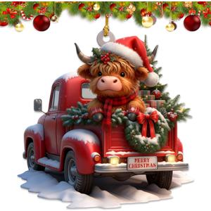 2 x Funny Christmas Ornaments 2025, Highland Cow Christmas Decoration,Cow Ornaments for Christmas Tree, Animal Xmas Keepsake Gift for Cow Lovers (Cow car)