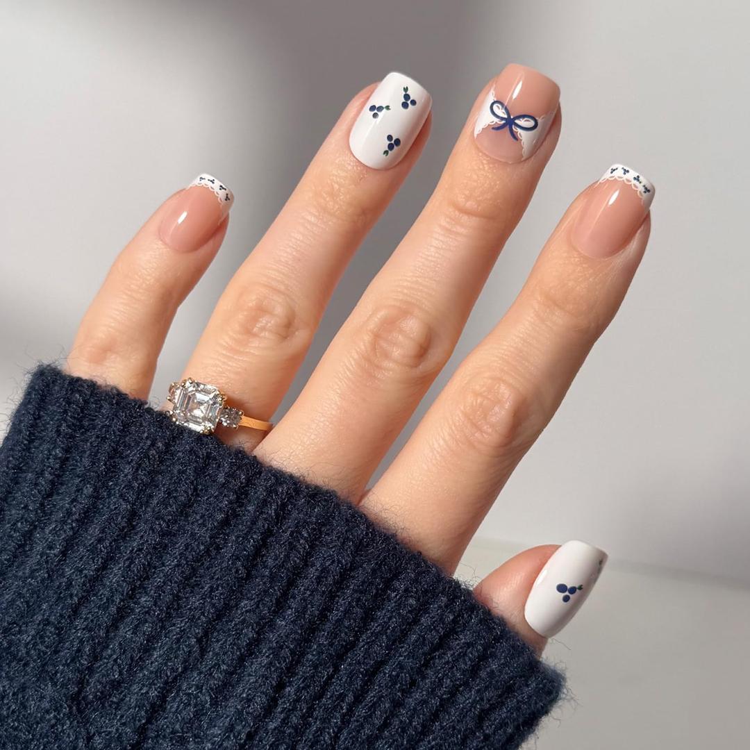 Glamnetic Press On Nails - Blue A Kiss | Short Squoval Fake Nails With Mixed Sheer & Solid Designs, Micro Blueberry and Scalloped Lace Accents | 15 Sizes - 30 Nail Kit with Glue