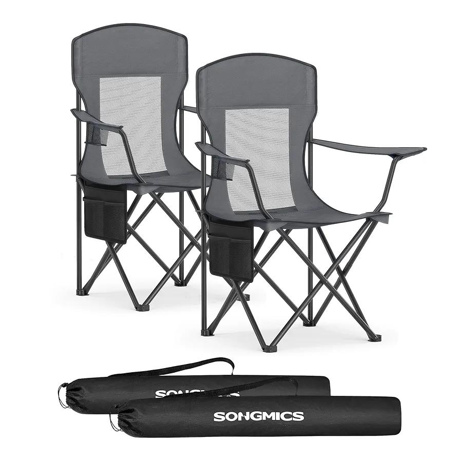 SONGMICS Breathable Camping Chairs, Foldable Outdoor Chairs Set of 2, High Back, Adjustable Armrests, Drink Holder, Weight Capacity 330 lb, for Sports Garden Backyard, Slate Gray UGCB028G01