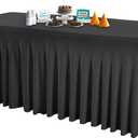 1 Pack Black Table Clothes for 6 Foot Rectangle Tables, Wrinkle Resistant Stretch Spandex Table Covers Fitted Tablecloth with Skirt for Event Banquet Wedding Birthday Party
