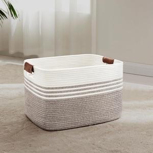 45L Small Laundry Basket with Leather Handles for Living Room Storage, Woven Rope Baskets Bin for Blanket, Kids Toy, Gifts, Wicker Hamper for Bedroom Dirty Clothes, 18"x14"x11" Dark Brown