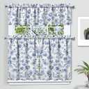 Blue Floral Kitchen Curtain Valance 3 Piece Set, French Farmhouse Kitchen Decor for Home Interior Decor, Blue and White Curtains and Valance Set Short Curtain Sink Window Decor 24 Inch