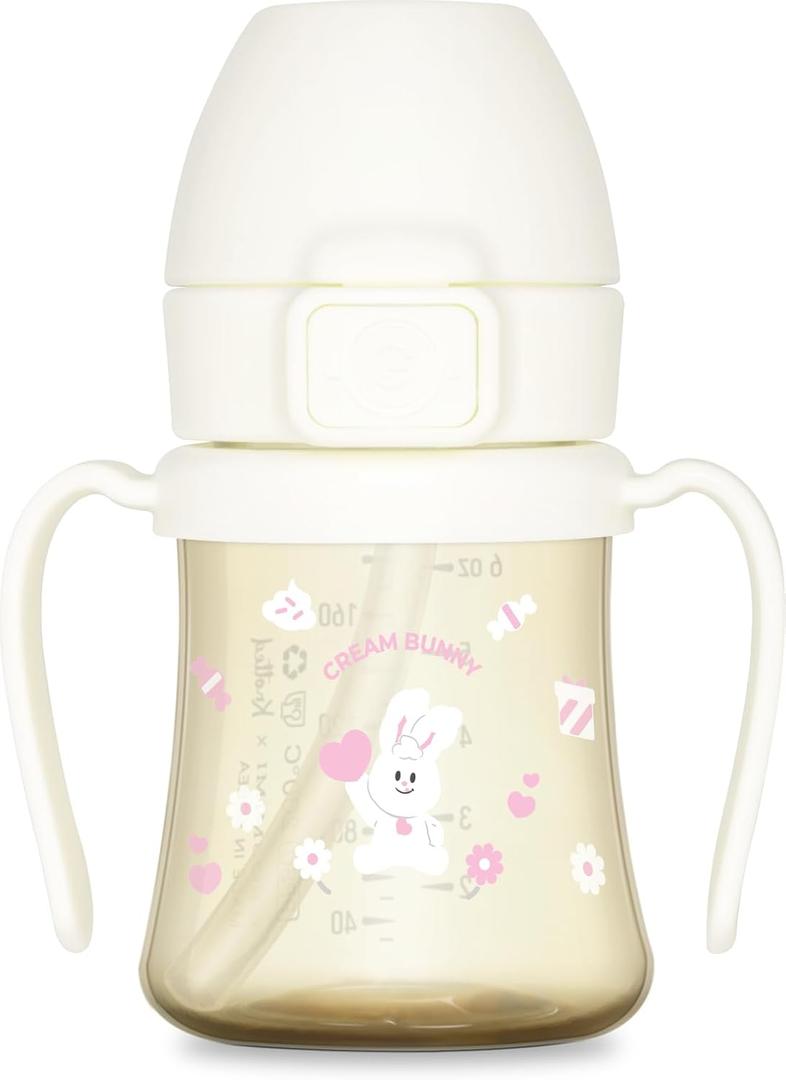 GROSMIMI x KNOTTED Flip Top Spill Proof Sippy Cup, PPSU, BPA Free, Stage 2 Straw for Toddlers (Cream bunny 6oz)