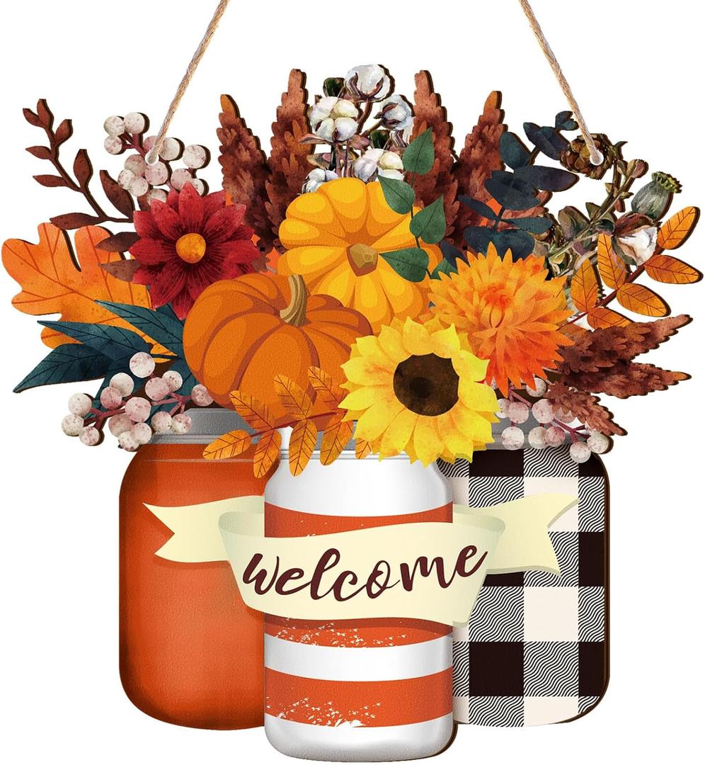 Spiareal Fall Thanksgiving Door Decoration Wooden Welcome Sign Sunflower Fall Hanging Decor Autumn Pumpkin Sign for Front Door Rustic Wreath Porch Wall Art Outdoor Farmhouse Home Porch Greeting Party