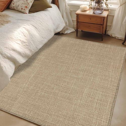 3x5 Area Rugs for Living Room, Beige Washable Rug Rectangular Indoor Carpet Non-Slip, Farmhouse Burlap Solid Brown Color Modern Linen Texture Low Pile Bathroom Rug Kitchen Runner Rugs for Bedroom