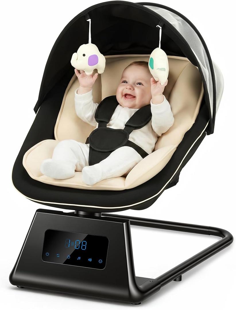Pamo Babe Portable Baby Swing - Electric Baby Rocker with Cry Detection, 5 Swing Speeds, Bluetooth & Remote Control, Adjustable Backrest, Indoor & Outdoor Swing Chair for Newborn Babies - Black