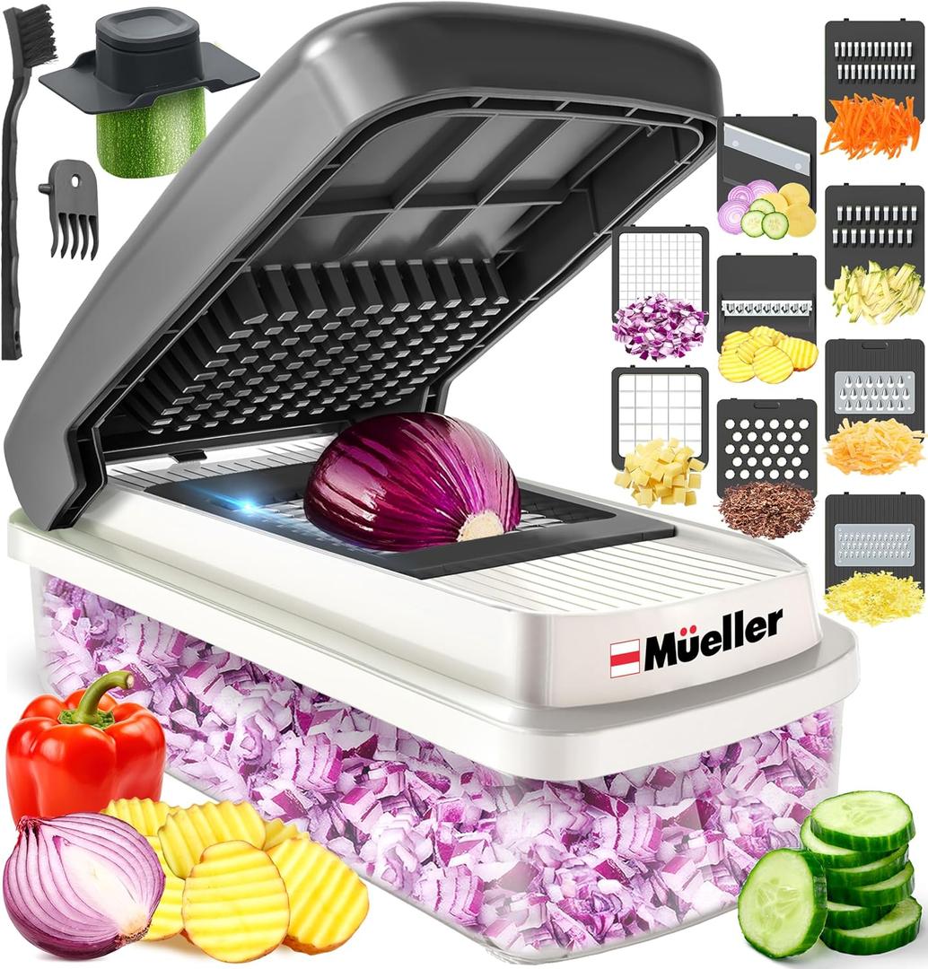 Mueller Vegetable Chopper Mandoline Slicer, Food Veggie Chopper, Cheese Grater, Onion Vegetable Cutter with Container, Dicer, Kitchen Gadgets & Essentials, White Sand/Grey (9 blade, White Sand/Grey)