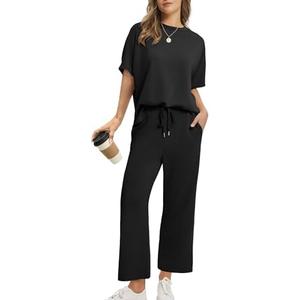 SAMPEEL Two Piece Sets for Women Summer Outfits Oversized Wide Leg Crop Pants Lounge Sets Airport Beach Vacation Clothes Black L