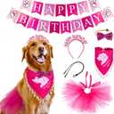 Dog Birthday Party Supplies Set - Happy Birthday Banner, Bandana, Bow Tie, Hairband, Tutu Skirt - Complete Decorations for Your Pup's Celebration(Pink)