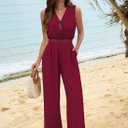 Pink Queen Jumpsuits for Women Dressy Sleeveless V Neck Tie Front Wide Leg Pants Romper Casual Vacation Outfits (Red, XL)