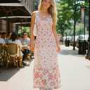 Sunny Spirit Women Floral Patchwork Dress Maxi Summer Boho Flowy Casual Sundress Spaghetti Strap V Neck Tiered Long Dresses (White)