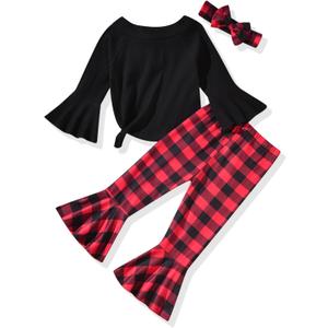 HIHA Toddler Little Girls Long Flare Sleeve Tops Bell Bottom Pants Outfit with Headband (2-3T, Christmas Plaid)