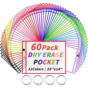 60 Packs Dry-Erase Pockets Bulk Oversized Reusable Dry Erase Pocket Sleeves with 4 Rings, 12 Assorted Colors 10x14 Ticket Holders, Clear Plastic Sheet Protectors, Teacher School Classroom Supplies