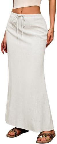 ELLEVEN Linen Flared Maxi Skirt with Back Slit - Elastic Waist Drawstring Long Flowy Ankle-Length Skirt Size XS