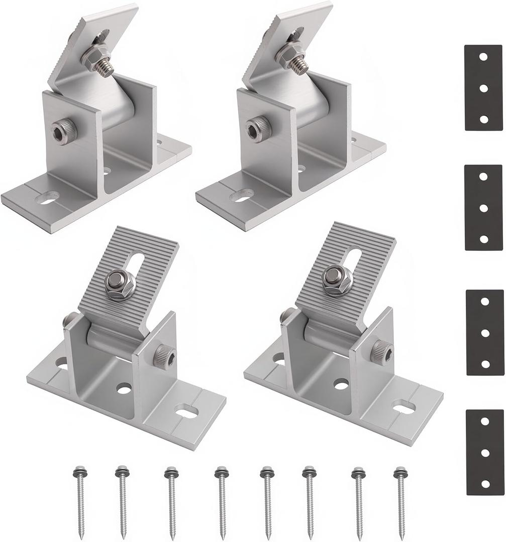 4 Pack Adjustable Solar Panel Tilt Mount Bracket Base, Tilt Angle 10-60 Flat Roof Mount Holder, RV Solar Panel Mounts Clamp Roof Stand