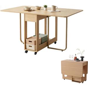 Folding Dining Room Table for 4/6 with 35.4" Extra Wide Space Saving Drop Leaf Table with Lockable Wheels & Storage, Heavy Duty Eco Solid Wood Top 300lb, Convertible Desk for Apartments/RV/Home Office