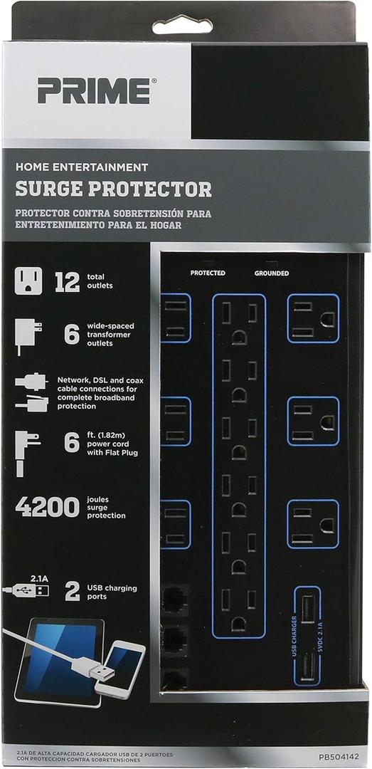 Prime Wire & Cable Prime Wire PB504142 12-Outlet Premium Electronics with 14-3 SJT 6 foot cord, Black