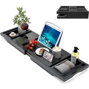 Bamboo Bathtub Caddy Tray Expandable for Luxury Bath, Bath Accessories & Table with Wine Glass Holder, Book Stand Bathroom Organizer with Extending Sides for Men/Women,Black