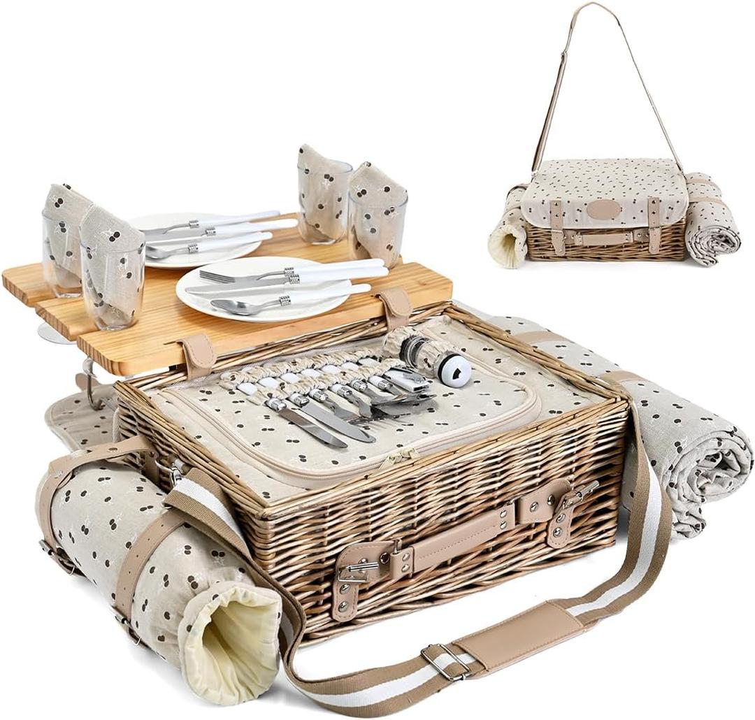 Multifunctional Wicker Picnic Basket Set for 4 with Blanket and Picnic Table, Insulated Picnic Set with Full Tablewares for Camping Outdoor Couples,Cherry