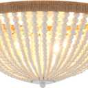 Dia 14.96" Boho Flush Mount Light Fixture Wood Bead, Farmhouse Chandelier, Antique Rustic Ceiling Light Fixture for Kitchen Hallway Entryway Laundry Bedroom Nursery Passway