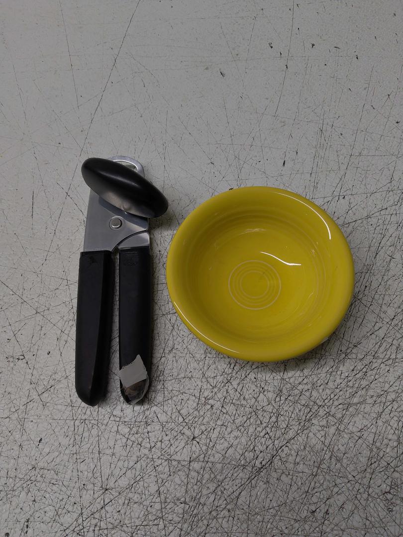 Fiesta® 9 oz Fruit/Salsa Bowl – Durable Ceramic, Lead-Free, Dishwasher/Microwave/Oven Safe – Made in USA - Sunflower with  Good Grips Soft-Handled Manual Can Opener